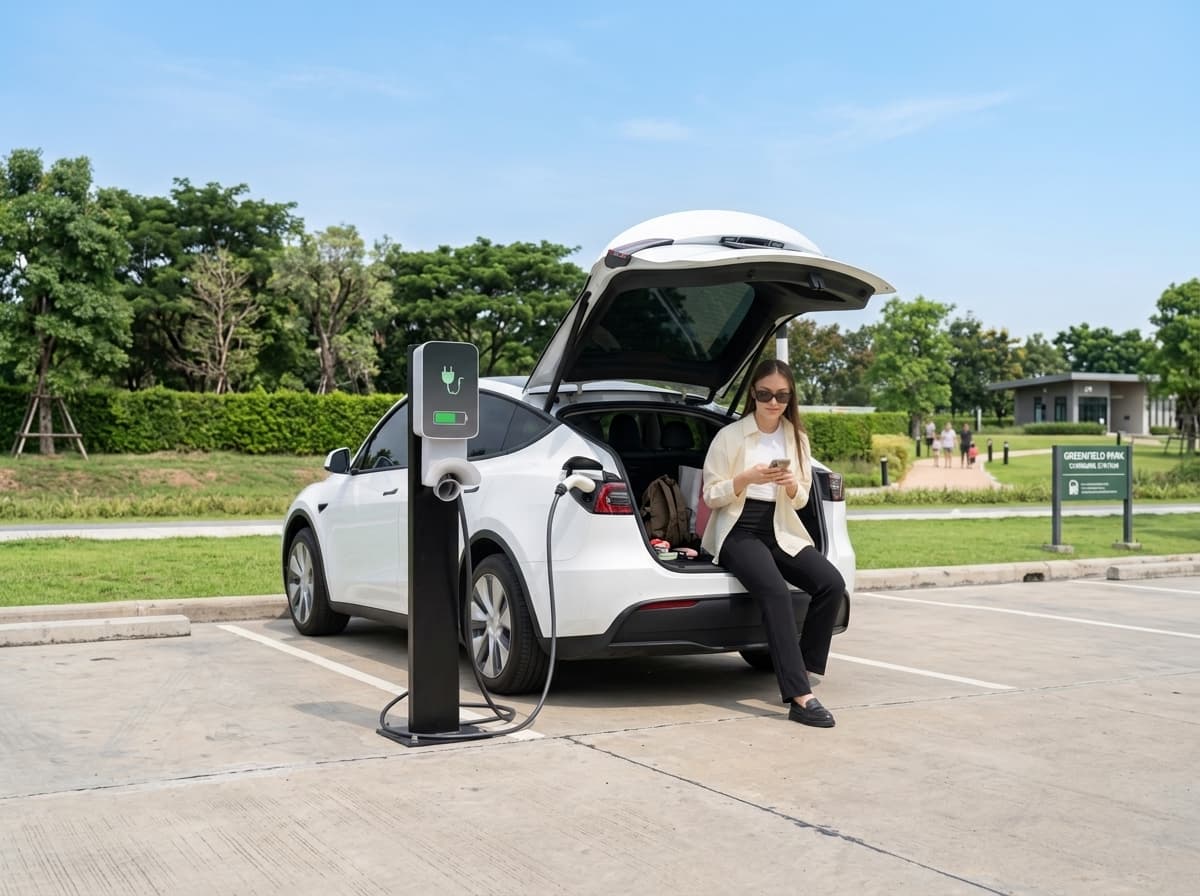Woman sitting in open trunk of white electric car while charging