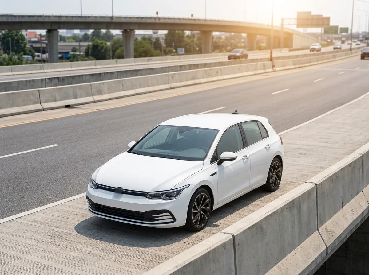 White car parked on highway bridge overlooking sunset