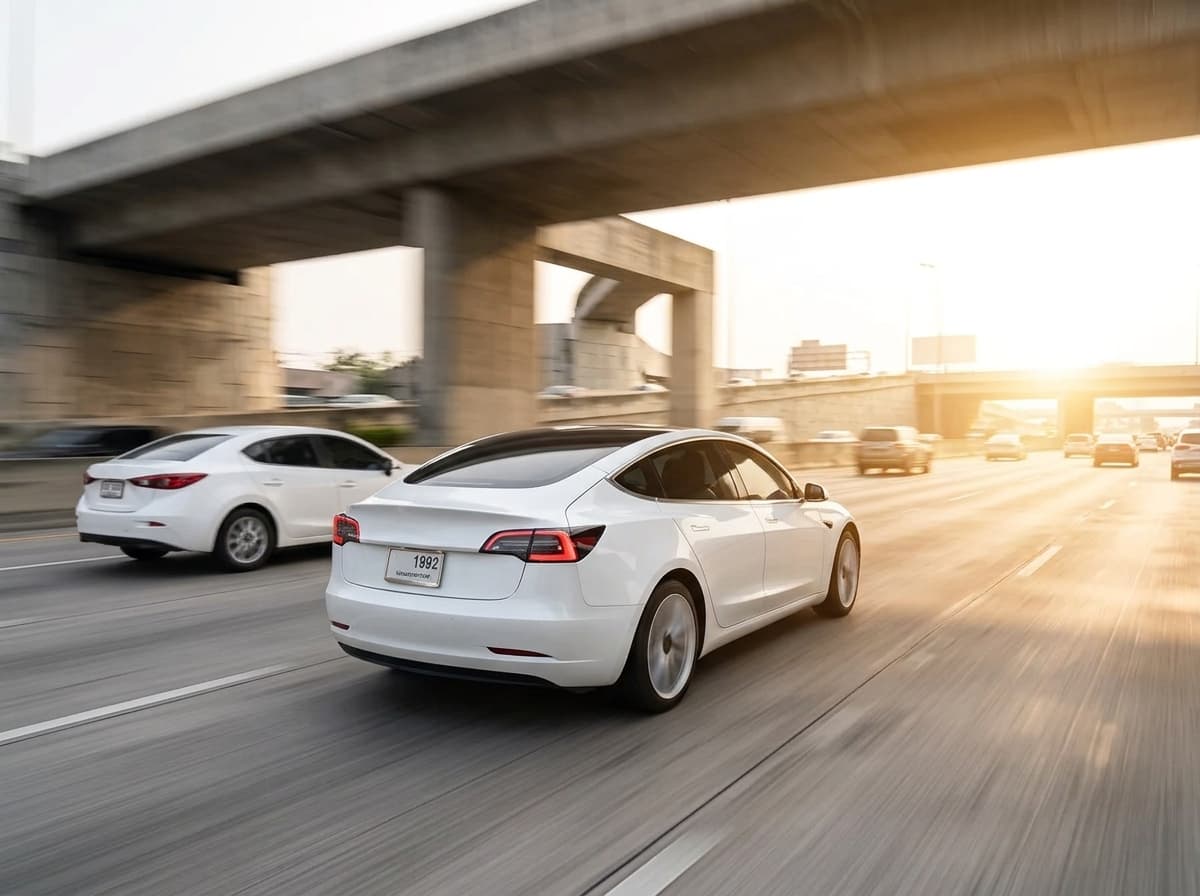 Cars driving on multi-lane highway at sunset