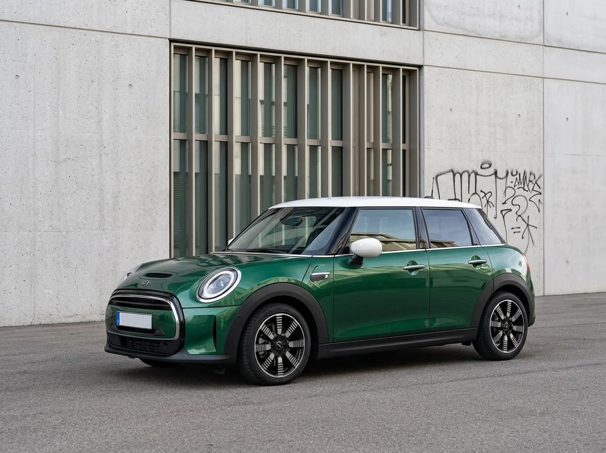 Green Mini Cooper in City